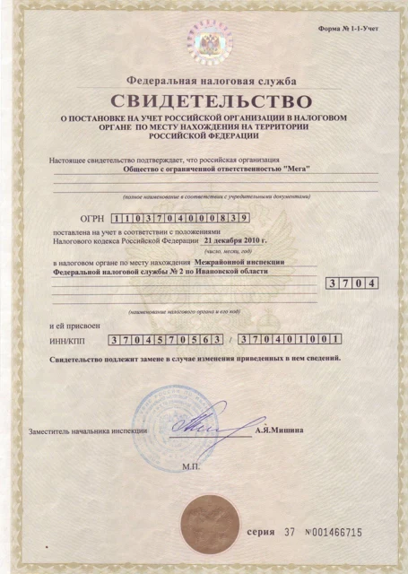 Свидетельство о постановке на учёт — Учёт в налоговом органе